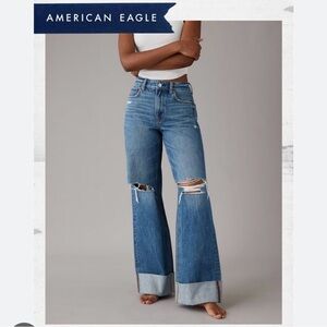 American Eagle Outfitters High-Rise Wide Leg Ripped Jeans - Medium Blue 2